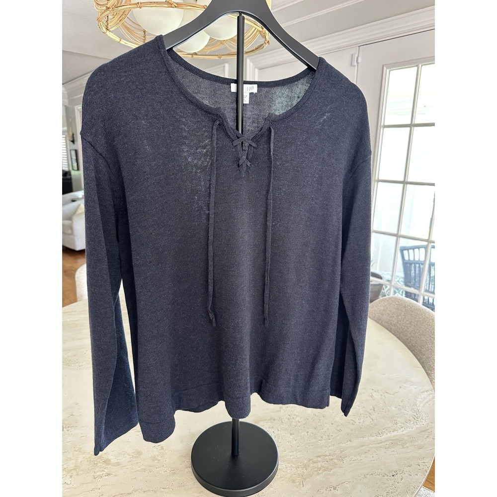 J. Jill Lace Up Neck Sweater Black Cotton Modal Long Sleeve Lightweight Medium P